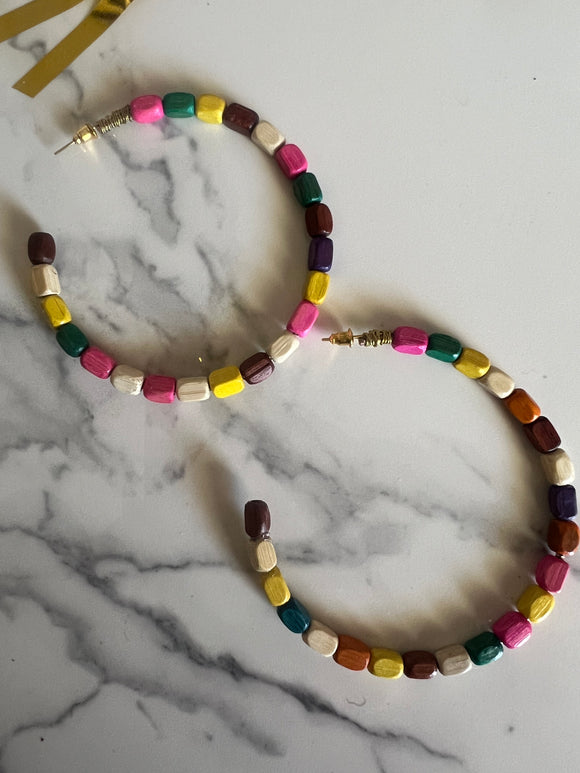 Multicolor Wood Beaded Large Hoop Earrings