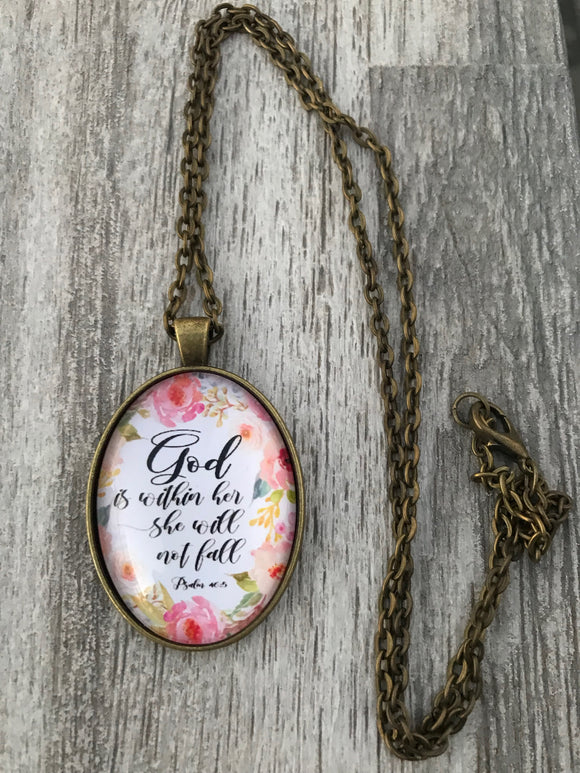 Vintage Bronze Oval Glass Pendant with Floral Background and Scripture Excerpt Psalm46:5