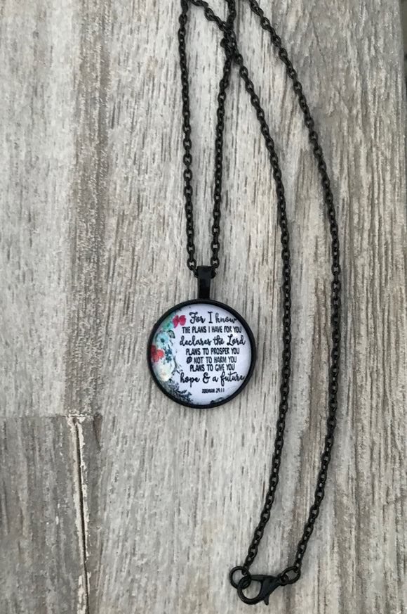 Black Round Glass Pendant with Floral Background and Scripture Excerpt Jeremiah 29:11