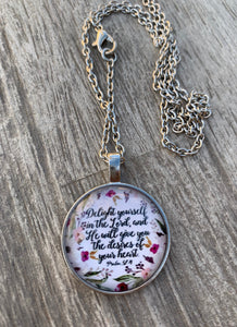 Silver Round Glass Pendant with Floral Background and Scripture Excerpt Psalm 37:4