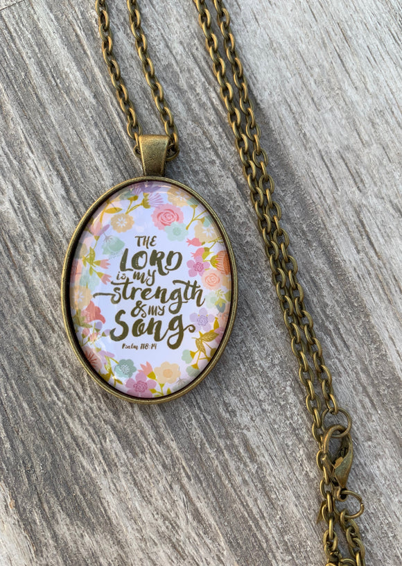 Vintage Bronze Oval Glass Pendant with Floral Background and Scripture Excerpt Psalm 118:14