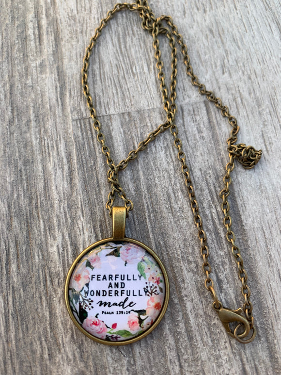 Vintage Bronze Round Glass Pendant with Floral Background and Scripture Excerpt Psalm 139:14