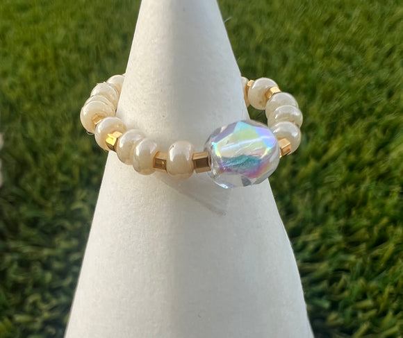 Pearl and Gold Handmade Beaded Ring with center Crystal