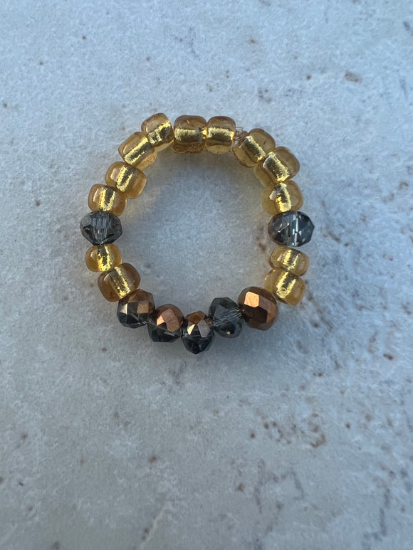 Handmade Gold Blue and Brown Beaded Stackable Ring