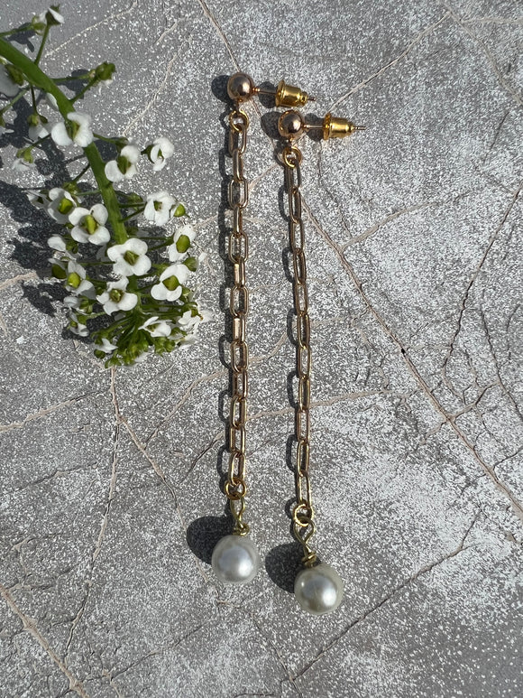 Gold Link and Pearl Drop Earrings