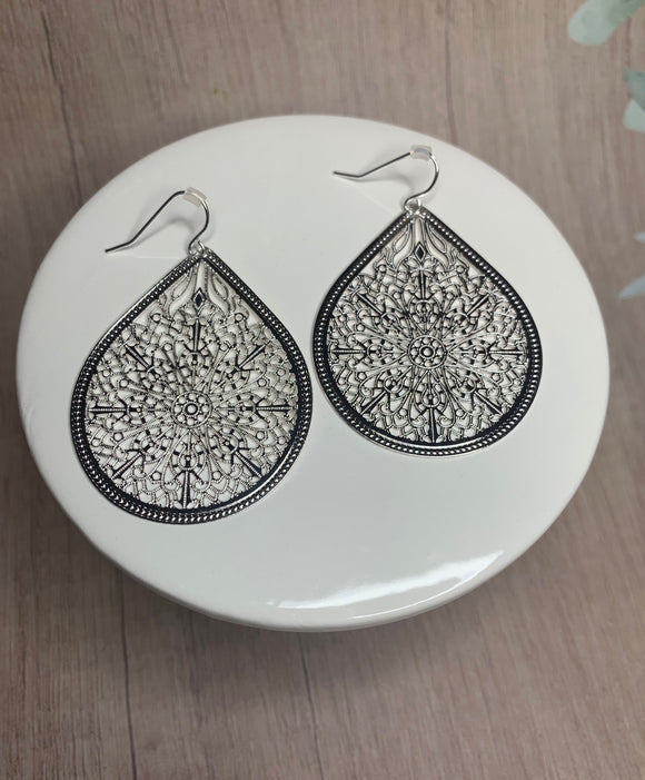 Filigree Silver Tone Teardrop Earrings