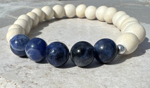 Dallas Five 8mm White Wood and Sodalite Beaded Bracelet