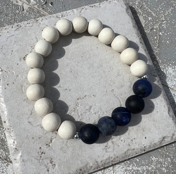 Dallas Five 10mm Mens White Wood and Sodalite Matte Blue Beaded Bracelet