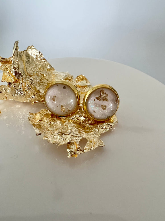 White and Gold Flake Cabochon Stud Earrings