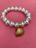 Stretch Faux Pearl Bracelet with Gold Enamel Painted Real Seashell