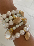 Stretch Faux Pearl Bracelet with Gold Enamel Painted Real Seashell