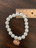 Stretch Faux Pearl Bracelet with Gold Enamel Painted Real Seashell