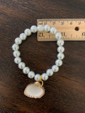 Stretch Faux Pearl Bracelet with Gold Enamel Painted Real Seashell