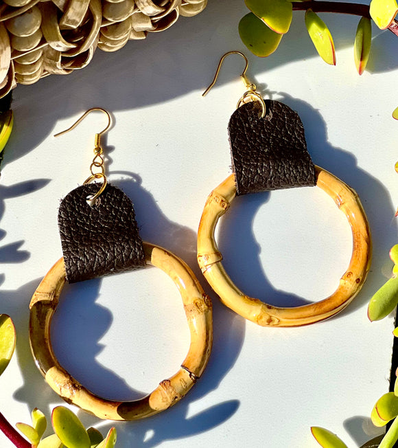 Bamboo and Leather Hoop Earrings