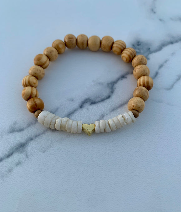 Puka Shell and Wood Bead Heart Bracelet